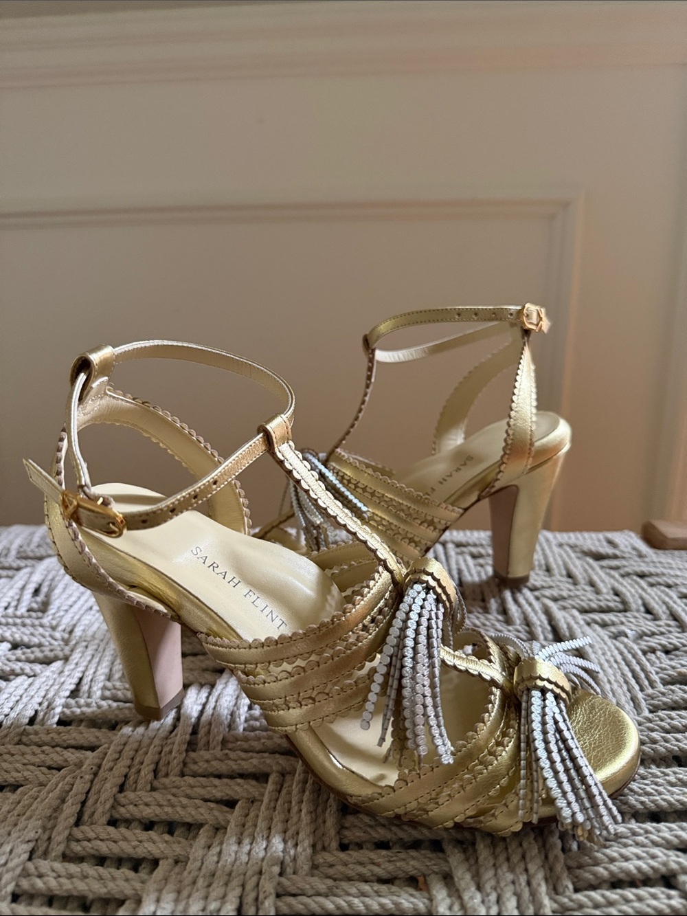Sarah Flint Gold Silver Leather Metallic Tassel T-Strap Heel Sandals 37 US 7